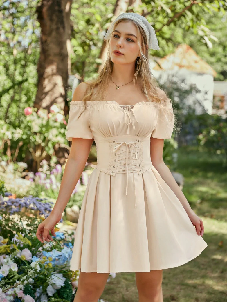 Renaissance Off Shoulder Waist Belt Pockets Dress - Image 7