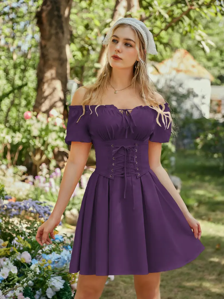Renaissance Off Shoulder Waist Belt Pockets Dress - Image 70