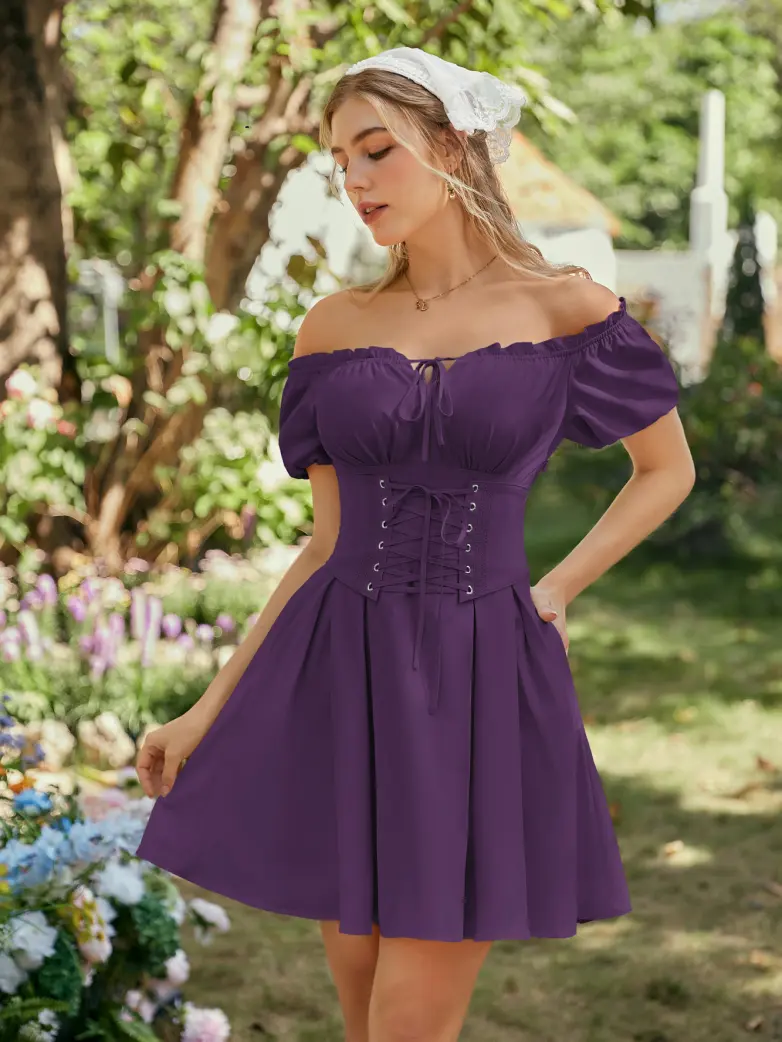 Renaissance Off Shoulder Waist Belt Pockets Dress - Image 71