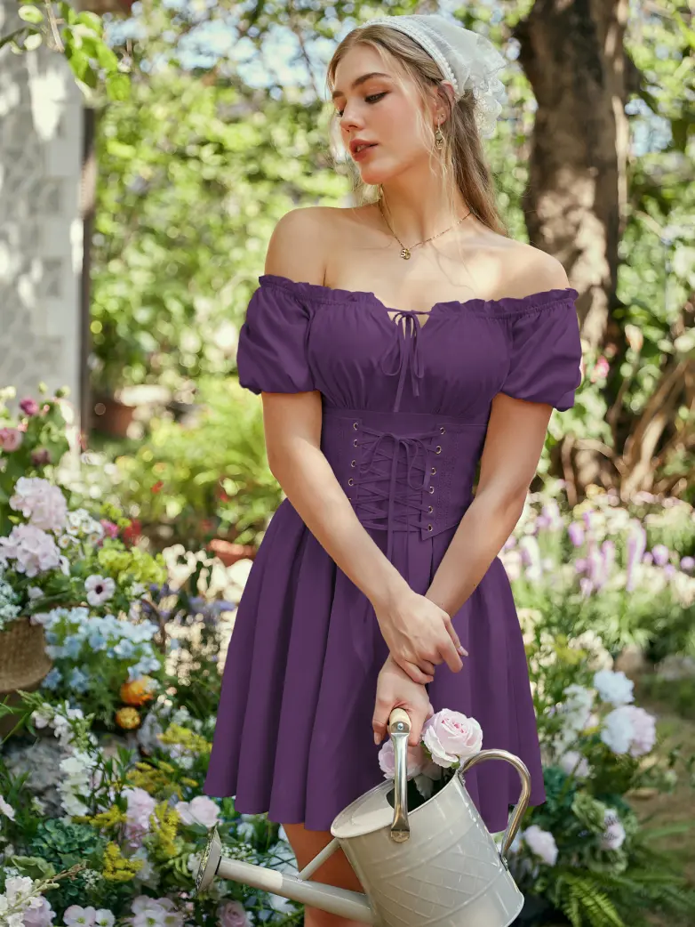 Renaissance Off Shoulder Waist Belt Pockets Dress - Image 72