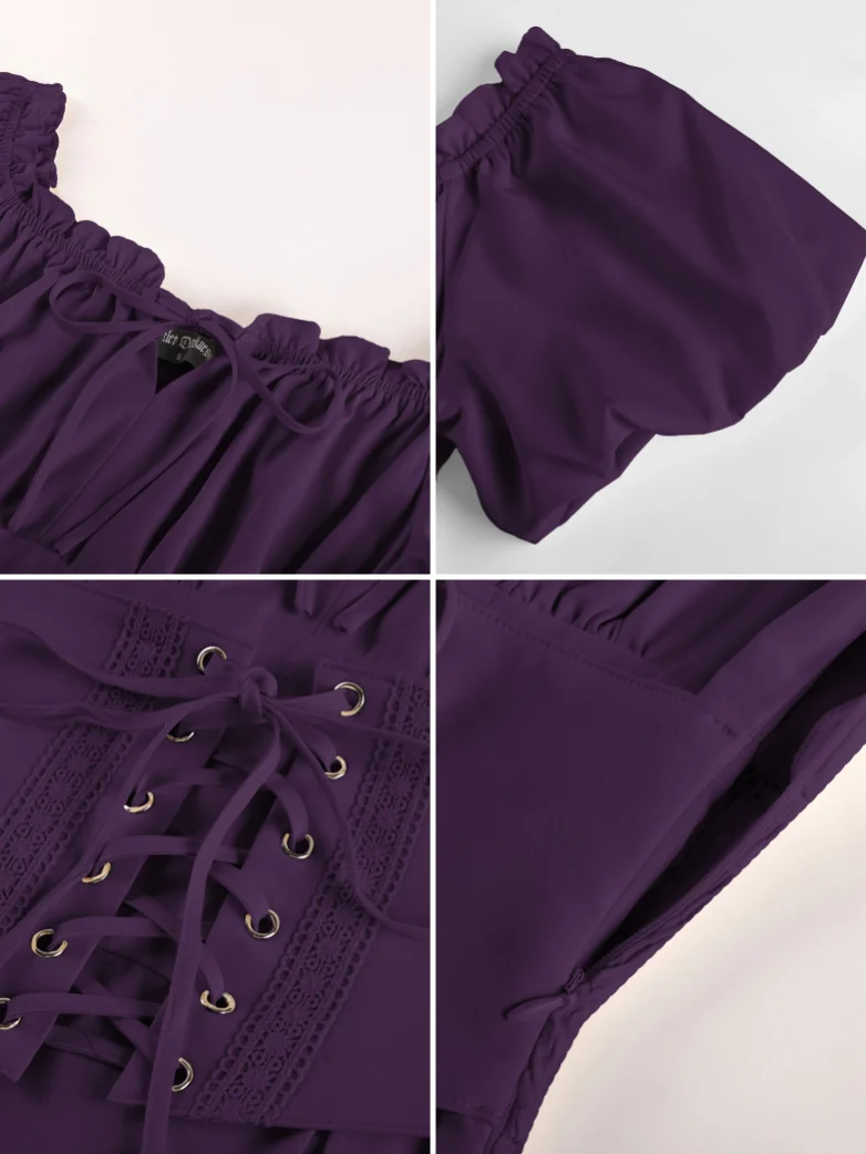 Renaissance Off Shoulder Waist Belt Pockets Dress - Image 73