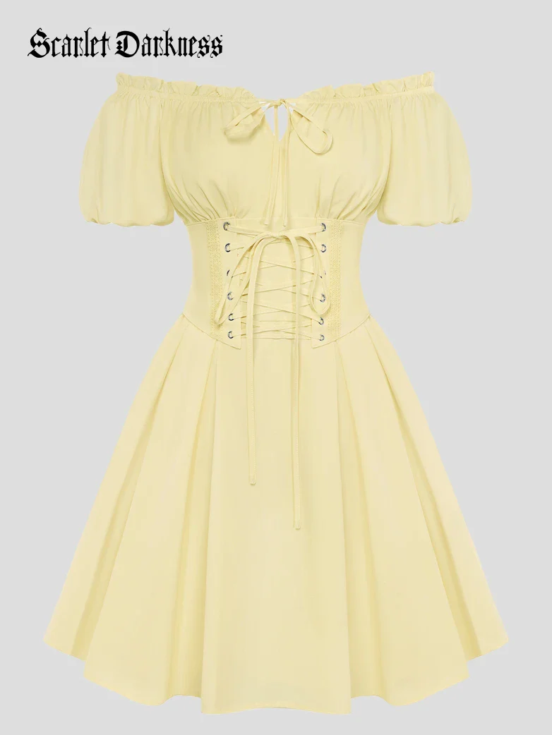 Renaissance Off Shoulder Waist Belt Pockets Dress - Image 75