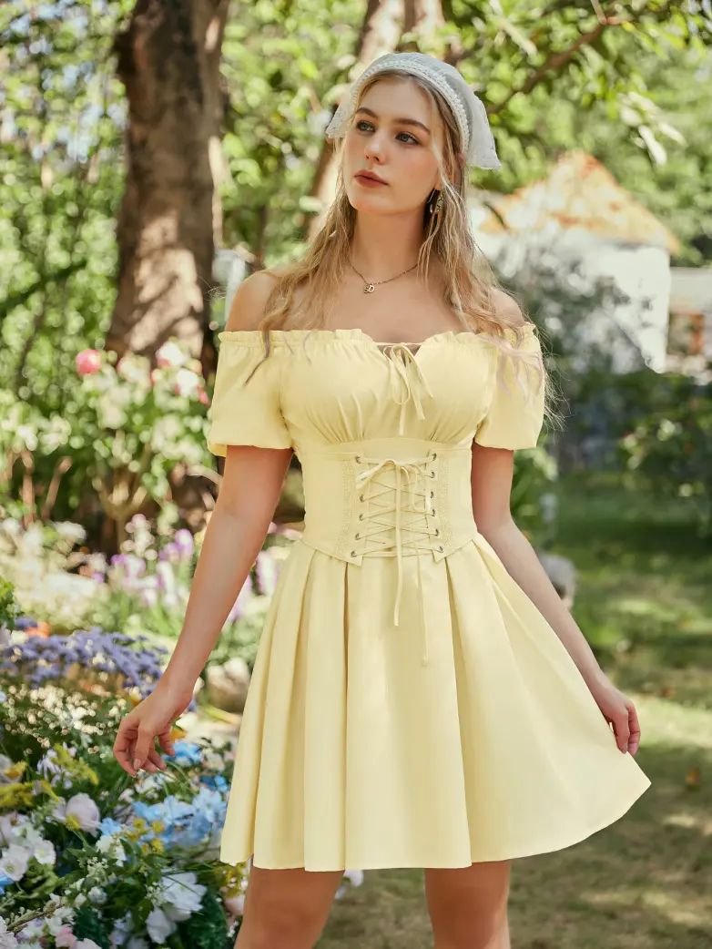 Renaissance Off Shoulder Waist Belt Pockets Dress - Image 77