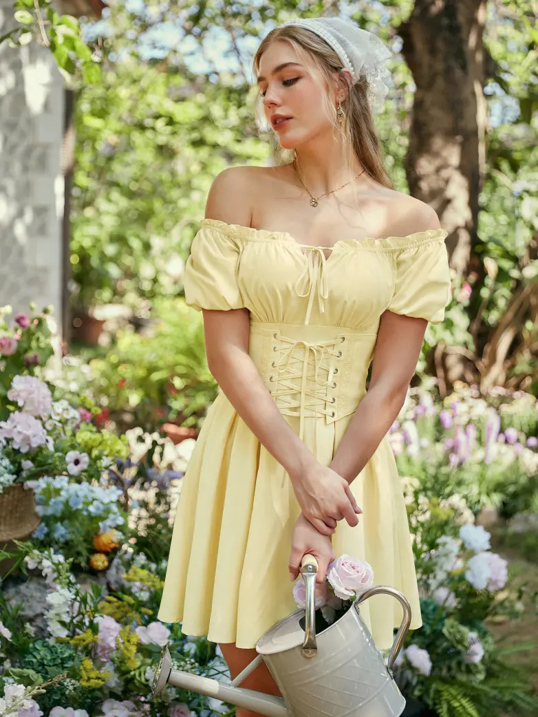 Renaissance Off Shoulder Waist Belt Pockets Dress - Image 78