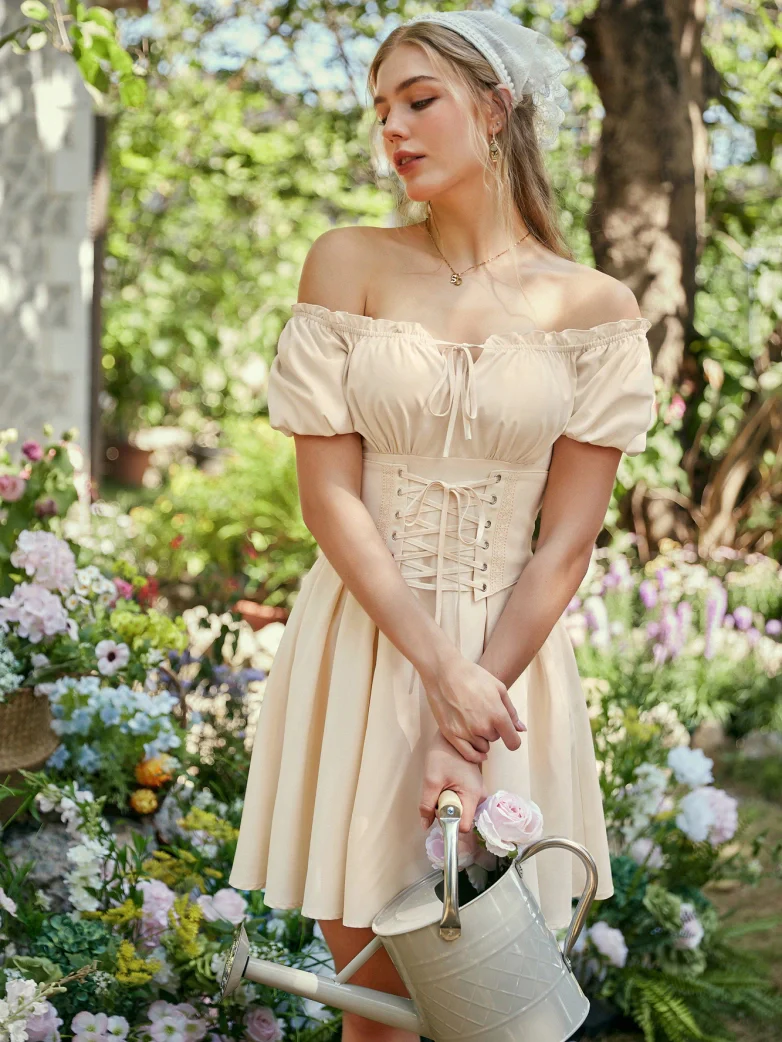 Renaissance Off Shoulder Waist Belt Pockets Dress - Image 8