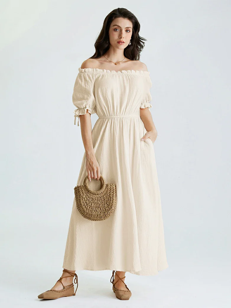 Renaissance Cotton Off Shoulder Pocket Dress - Image 3