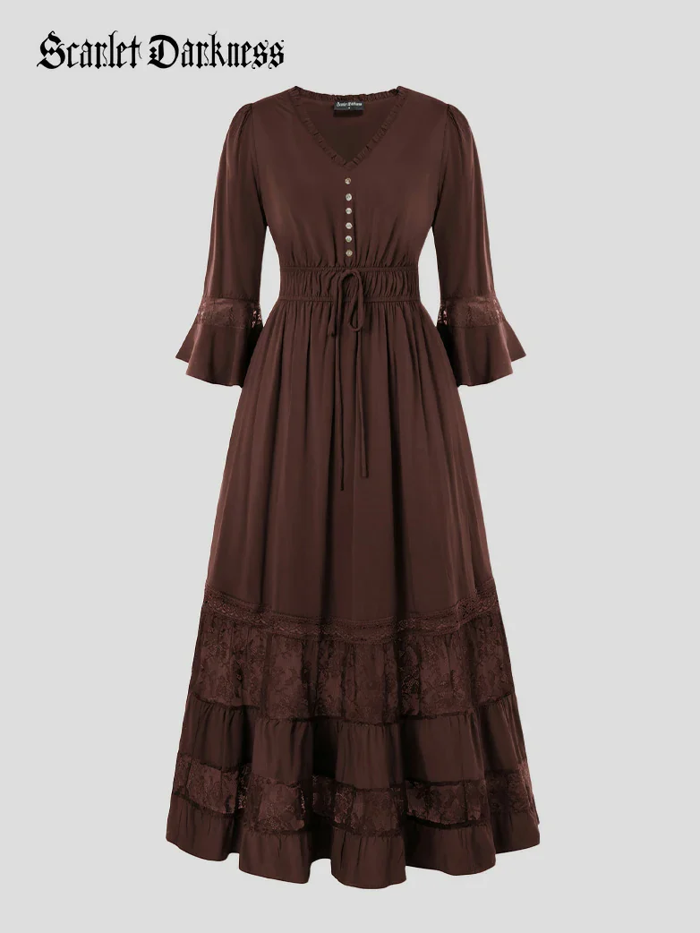 Brown Renaissance Lace Hem Pockets Maxi Dress