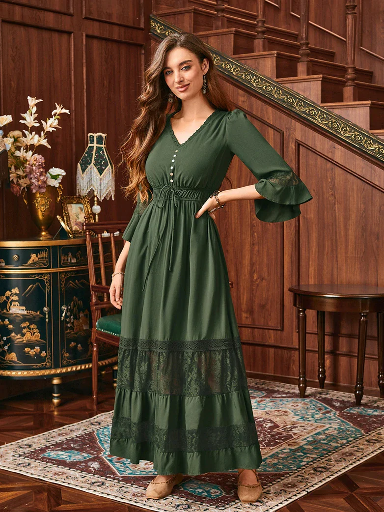 Brown Renaissance Lace Hem Pockets Maxi Dress - Image 10