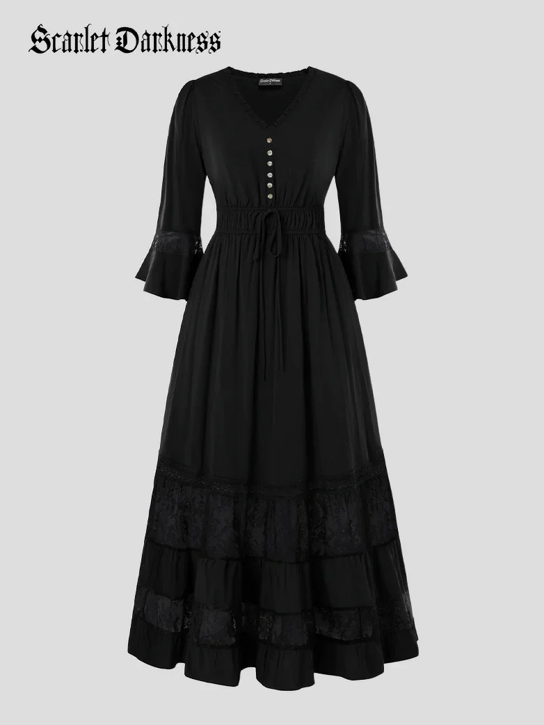 Brown Renaissance Lace Hem Pockets Maxi Dress - Image 13