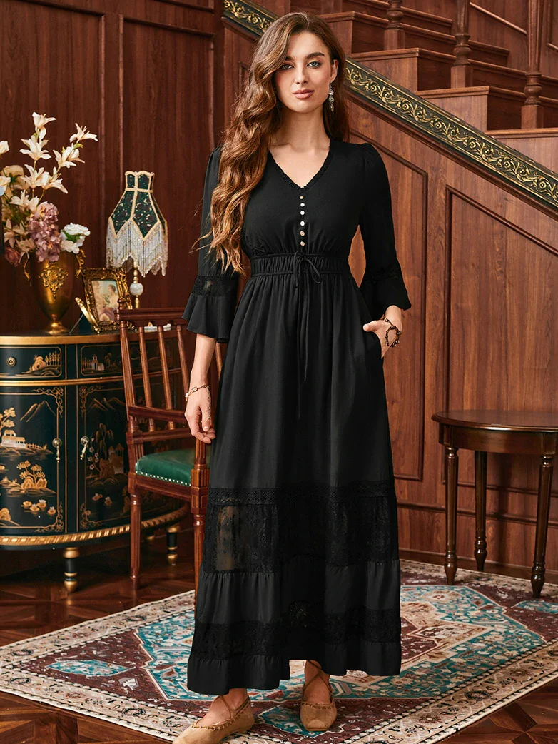 Brown Renaissance Lace Hem Pockets Maxi Dress - Image 14