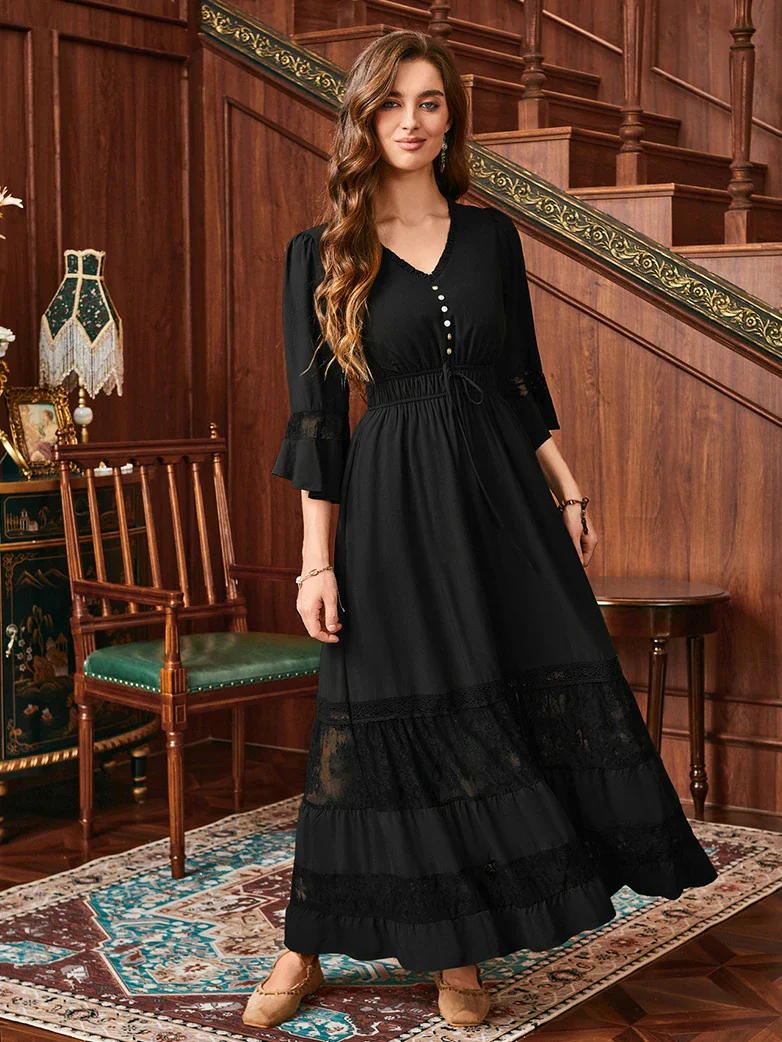 Brown Renaissance Lace Hem Pockets Maxi Dress - Image 15
