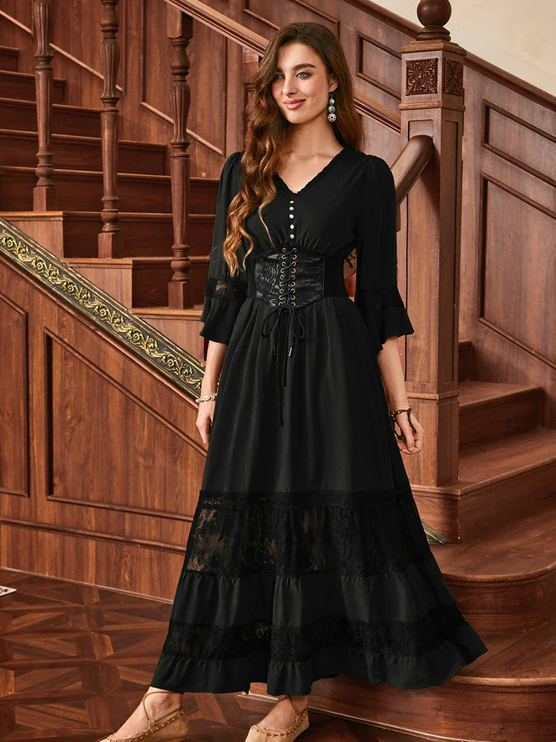 Brown Renaissance Lace Hem Pockets Maxi Dress - Image 16