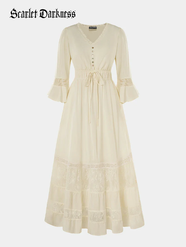 Brown Renaissance Lace Hem Pockets Maxi Dress - Image 19