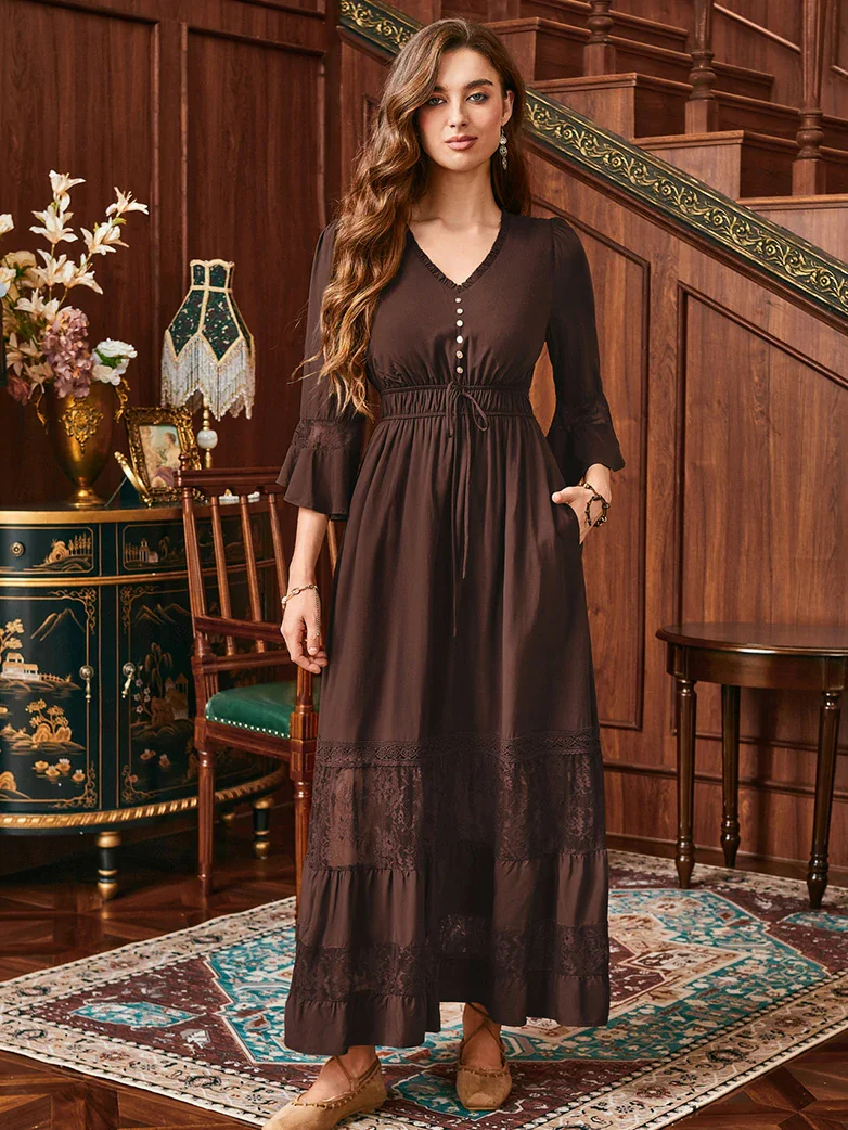 Brown Renaissance Lace Hem Pockets Maxi Dress - Image 2