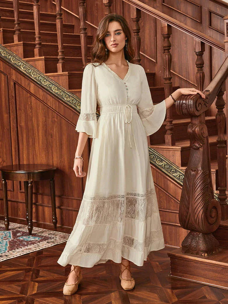 Brown Renaissance Lace Hem Pockets Maxi Dress - Image 20