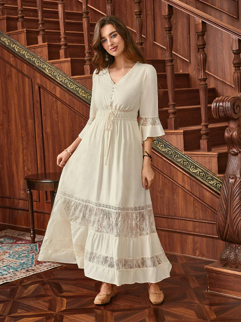 Brown Renaissance Lace Hem Pockets Maxi Dress - Image 21