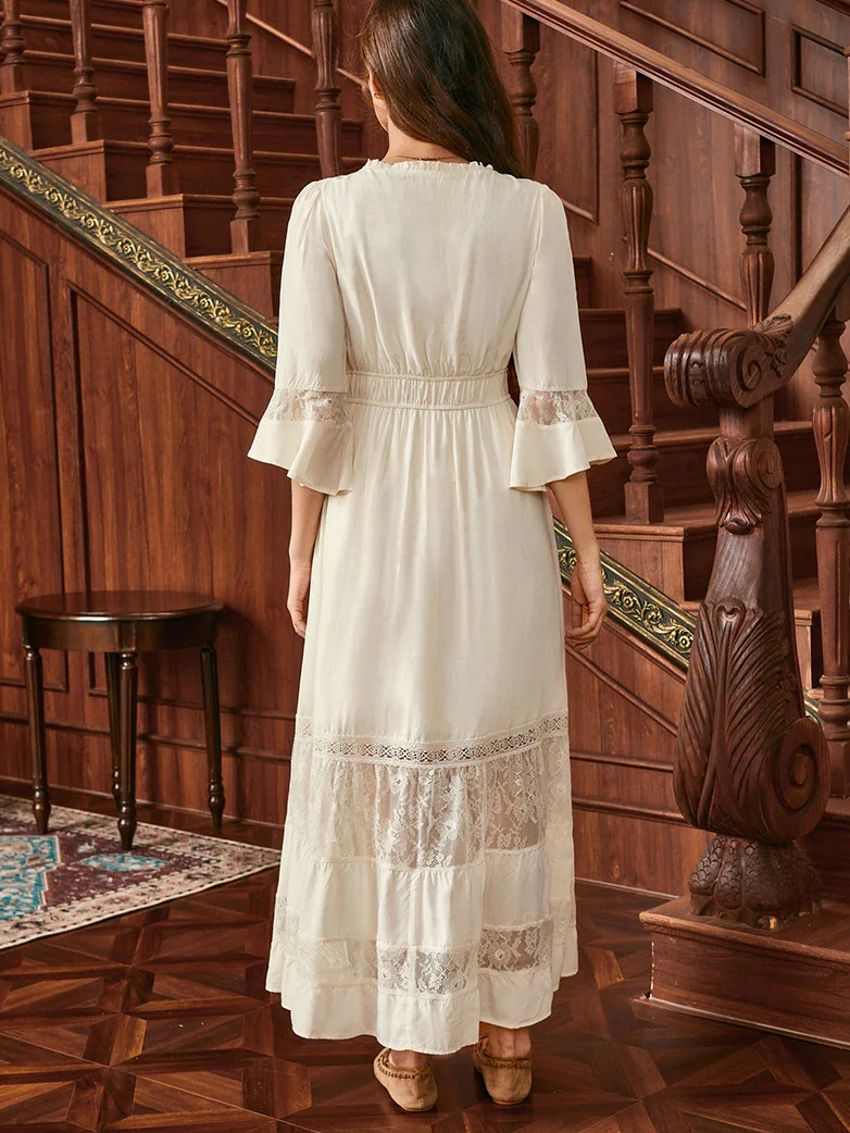 Brown Renaissance Lace Hem Pockets Maxi Dress - Image 22
