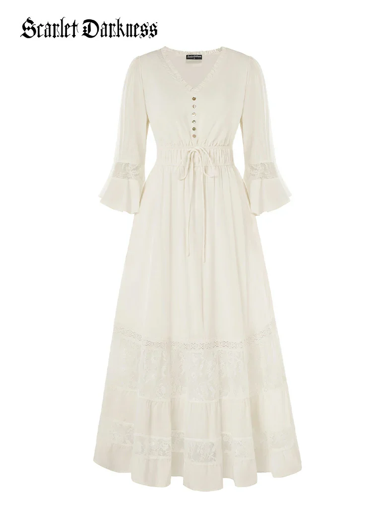 Brown Renaissance Lace Hem Pockets Maxi Dress - Image 25
