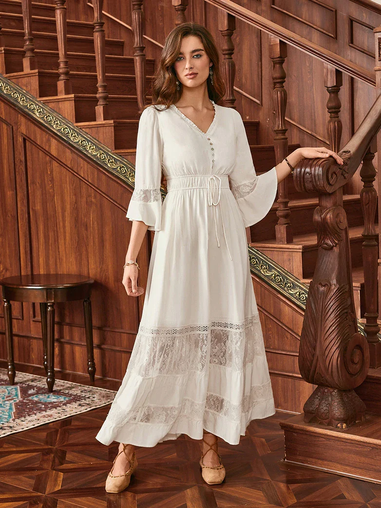 Brown Renaissance Lace Hem Pockets Maxi Dress - Image 26