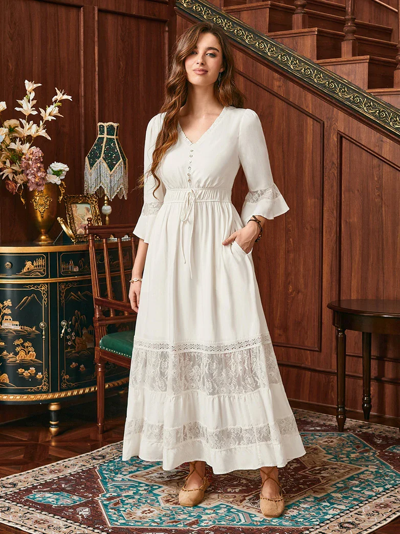 Brown Renaissance Lace Hem Pockets Maxi Dress - Image 27