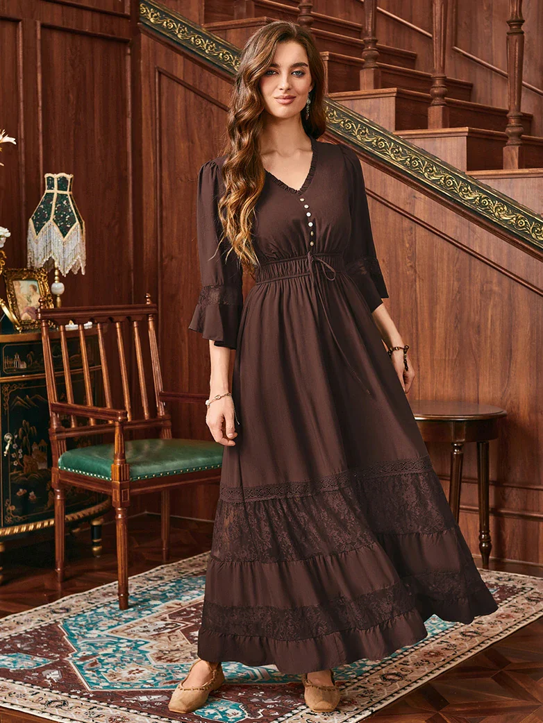 Brown Renaissance Lace Hem Pockets Maxi Dress - Image 3