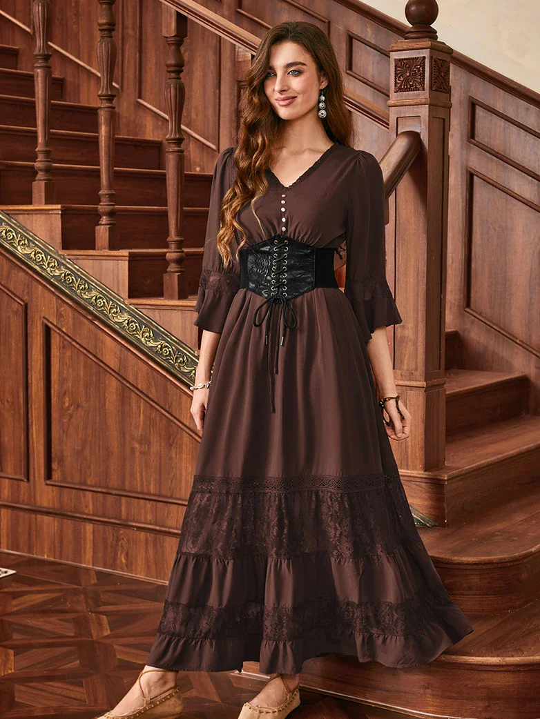 Brown Renaissance Lace Hem Pockets Maxi Dress - Image 4