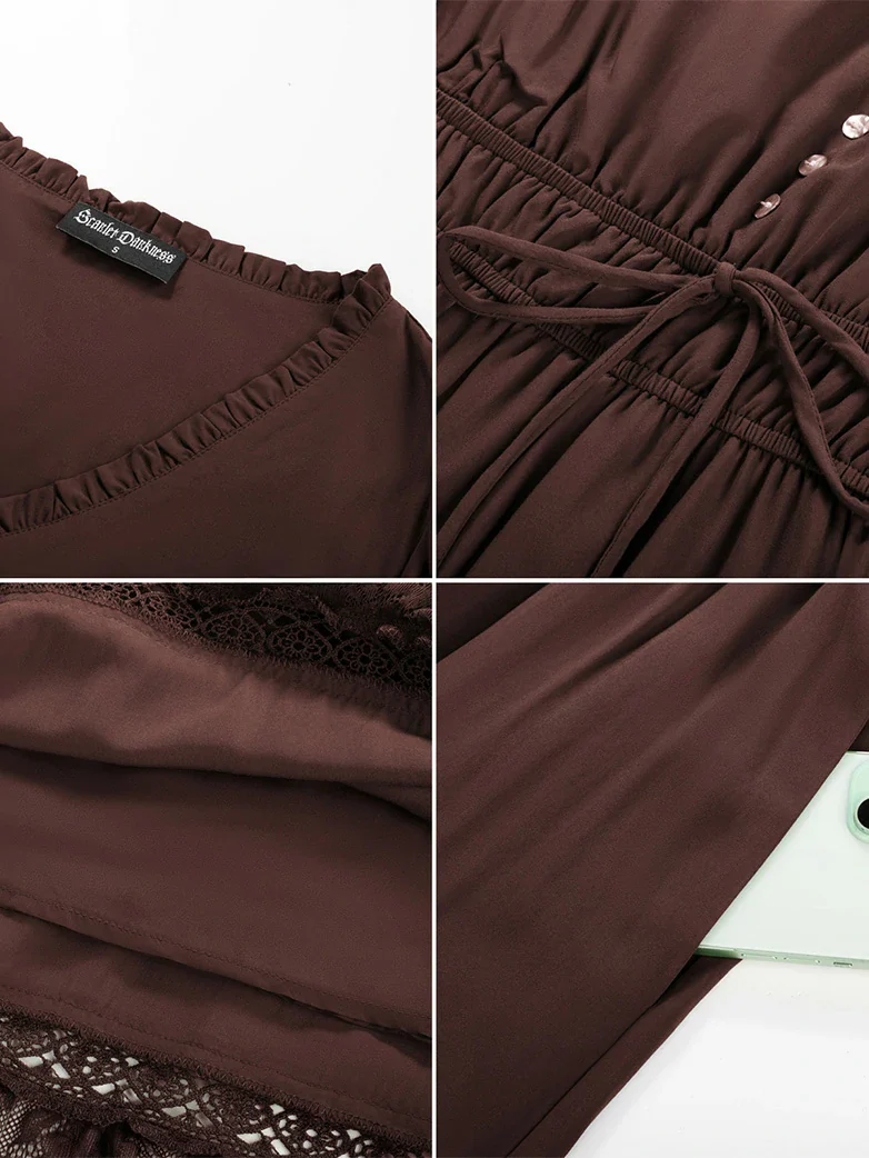 Brown Renaissance Lace Hem Pockets Maxi Dress - Image 5