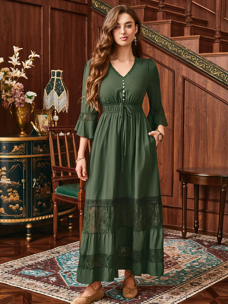 Brown Renaissance Lace Hem Pockets Maxi Dress - Image 8