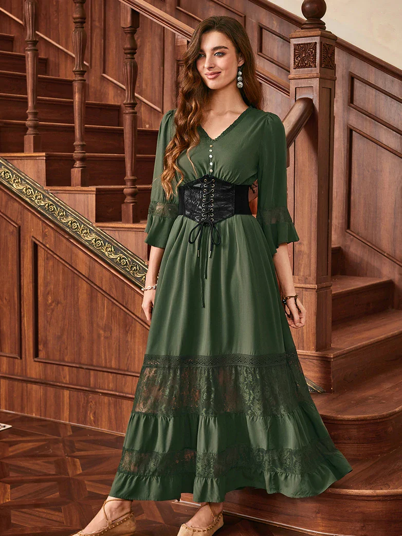 Brown Renaissance Lace Hem Pockets Maxi Dress - Image 9