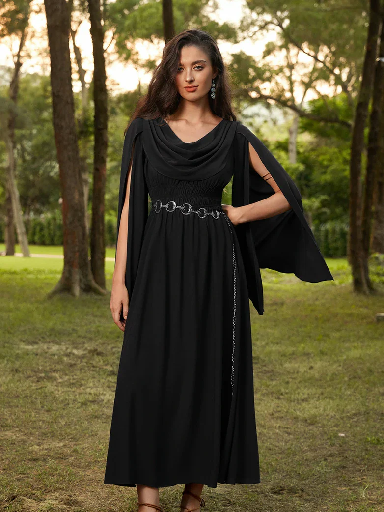Renaissance Fairy Slit Sleeve Draped Neck Pockets Dress - Image 24