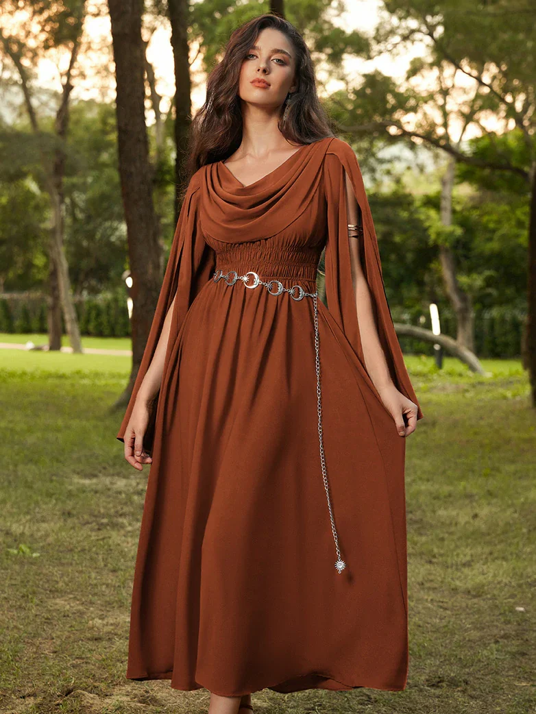 Renaissance Fairy Slit Sleeve Draped Neck Pockets Dress - Image 3