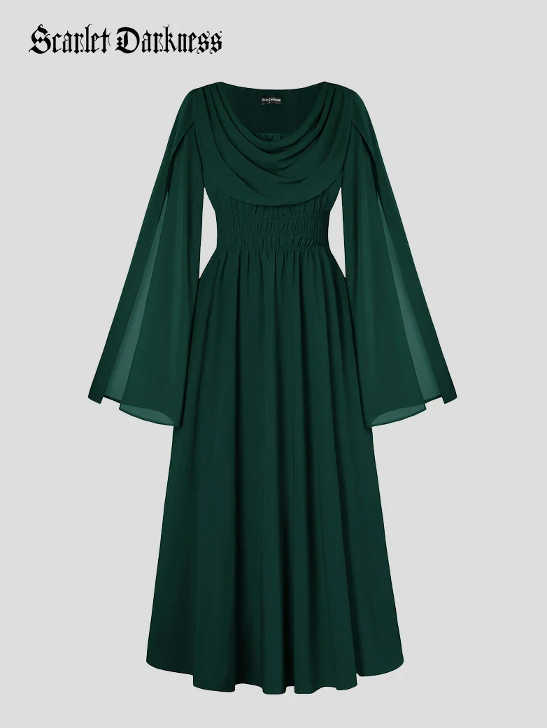 Renaissance Fairy Slit Sleeve Draped Neck Pockets Dress - Image 31