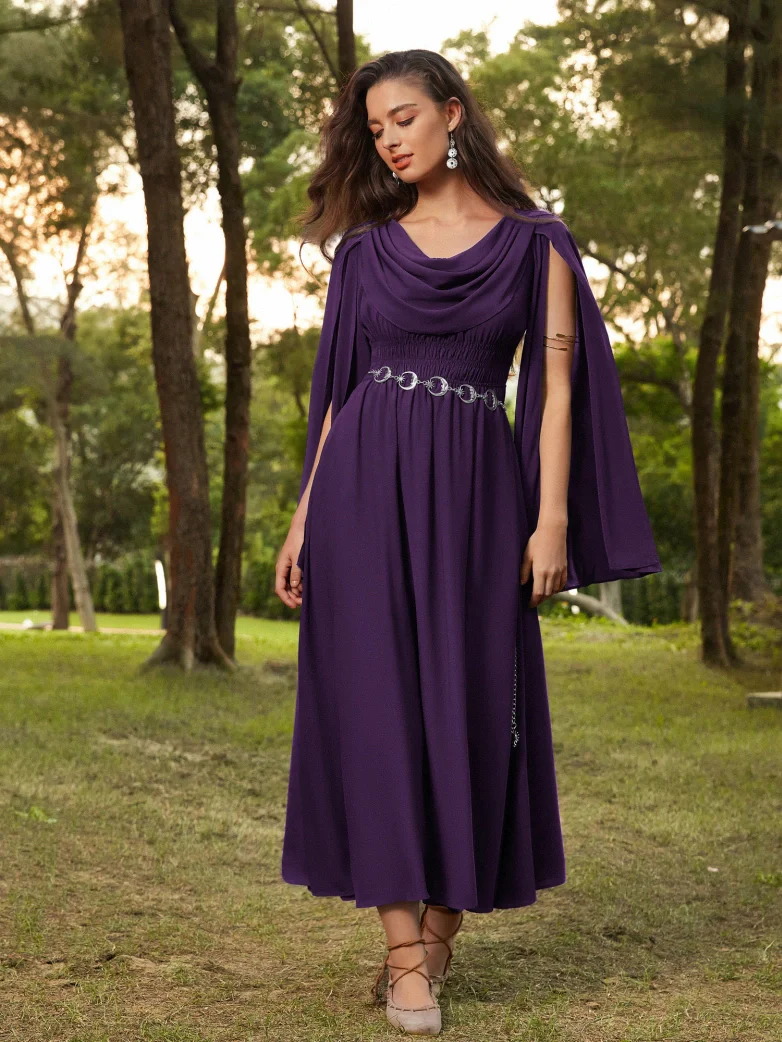 Renaissance Fairy Slit Sleeve Draped Neck Pockets Dress - Image 47