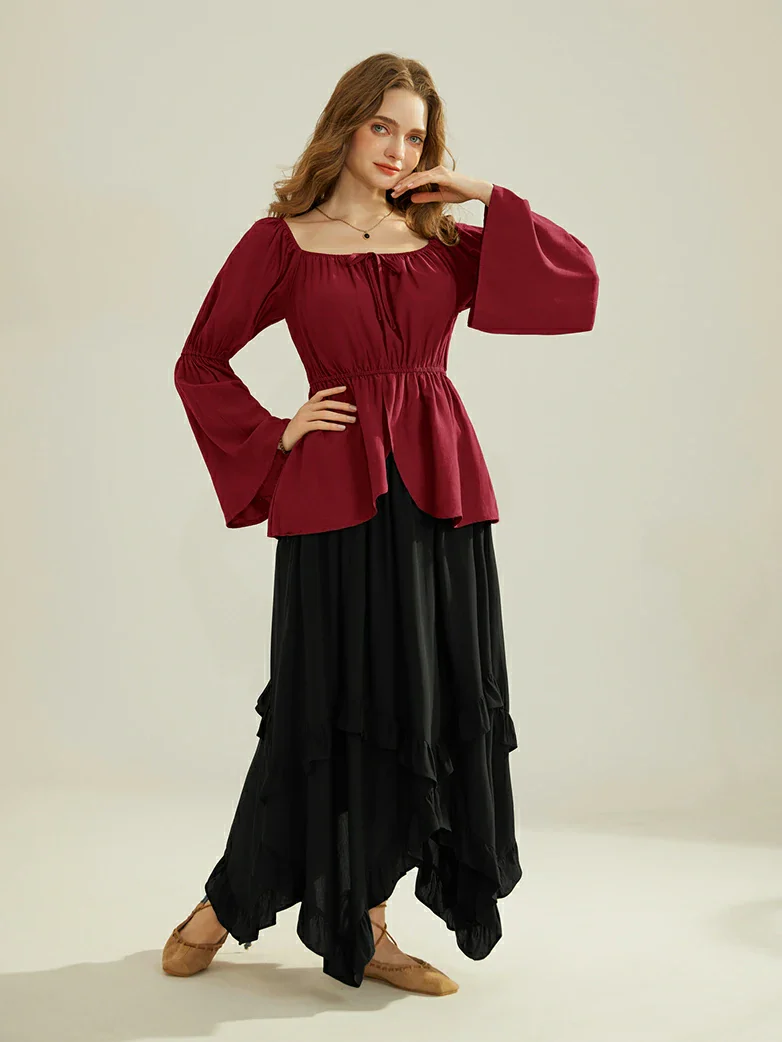 Renaissance Wrap Hem Elastic Waist Peasant Tops - Image 15
