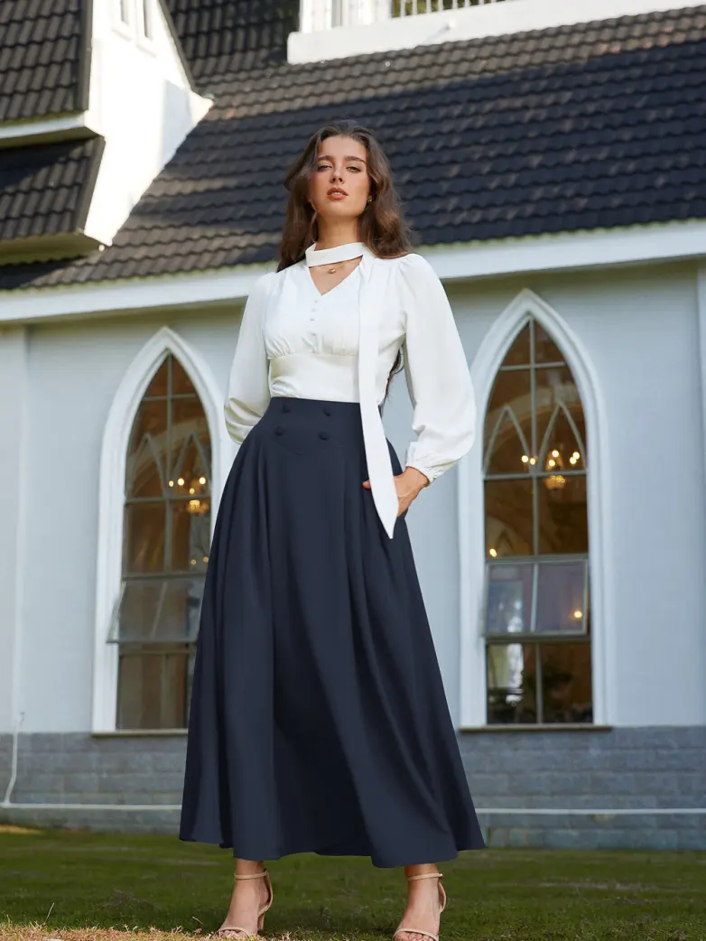 Renaissance Vintage Swing Maxi Skirt with Pockets - Image 36