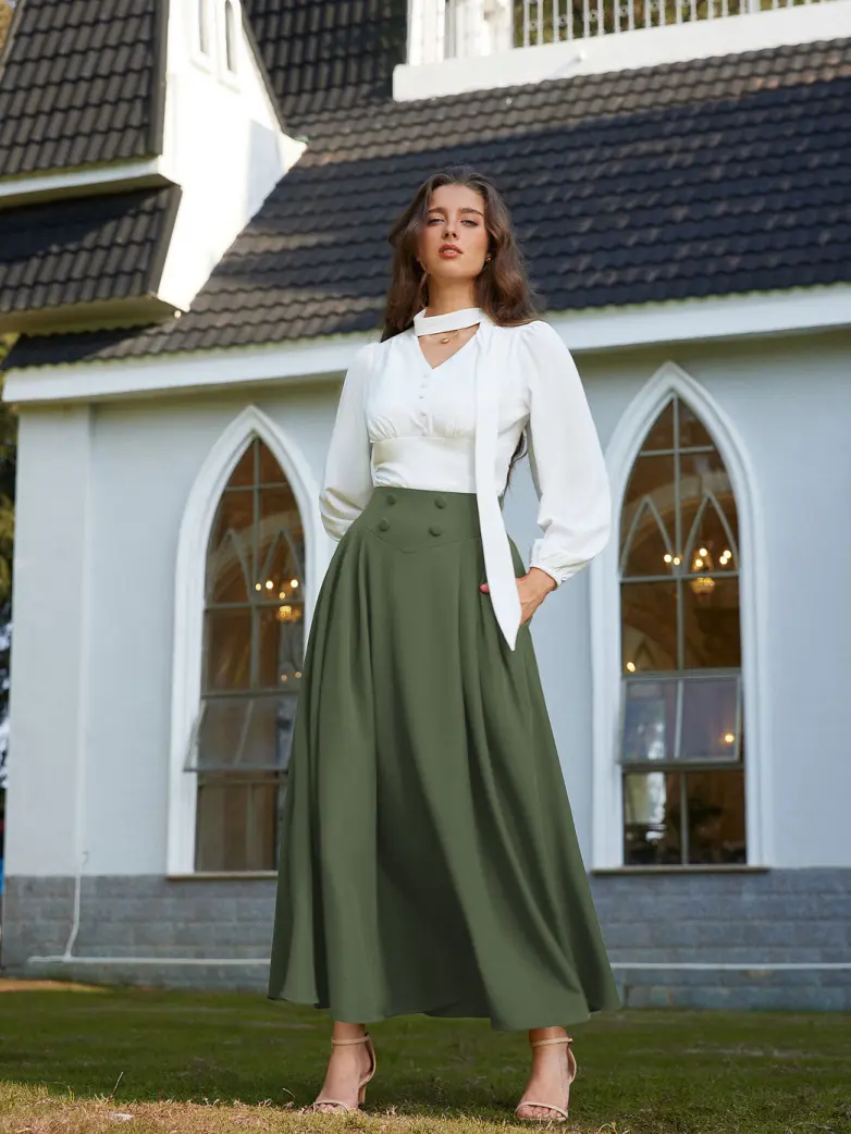 Renaissance Vintage Swing Maxi Skirt with Pockets - Image 43