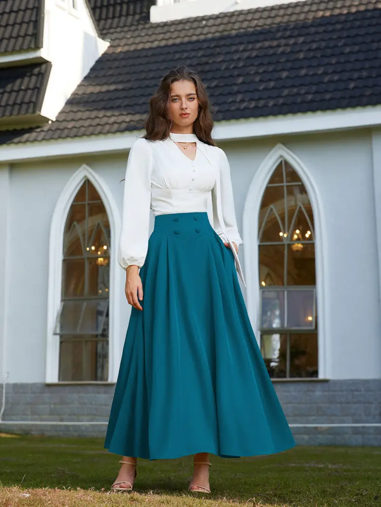 Renaissance Vintage Swing Maxi Skirt with Pockets - Image 54