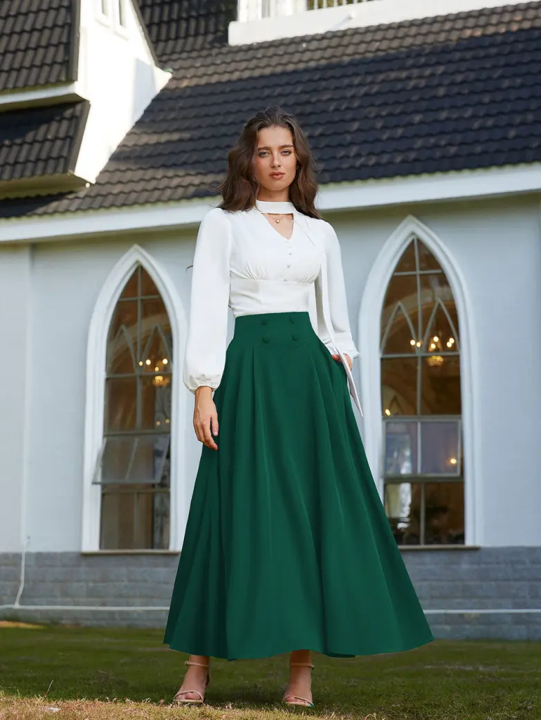 Renaissance Vintage Swing Maxi Skirt with Pockets - Image 59
