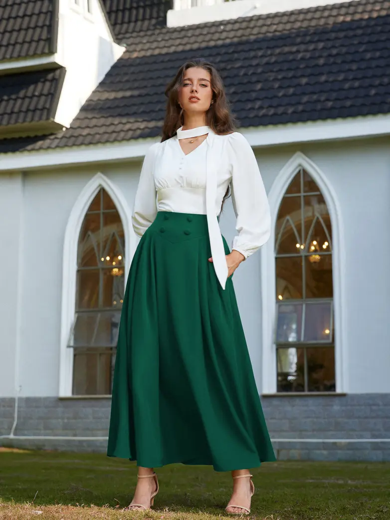Renaissance Vintage Swing Maxi Skirt with Pockets - Image 60