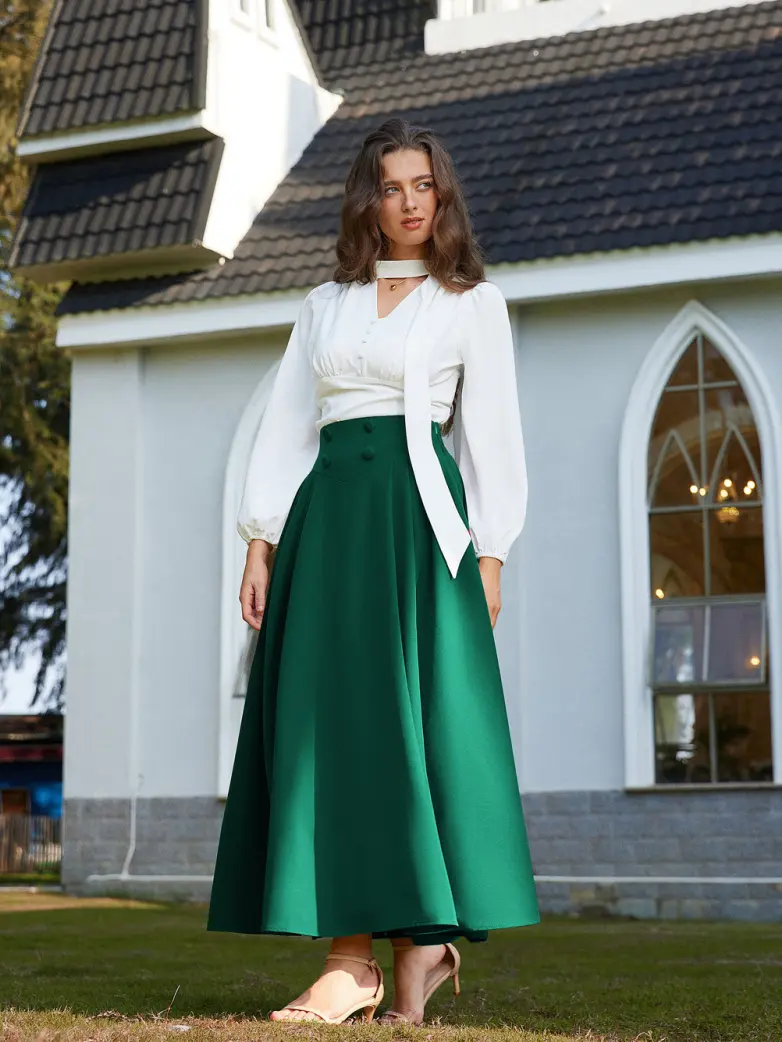 Renaissance Vintage Swing Maxi Skirt with Pockets - Image 61