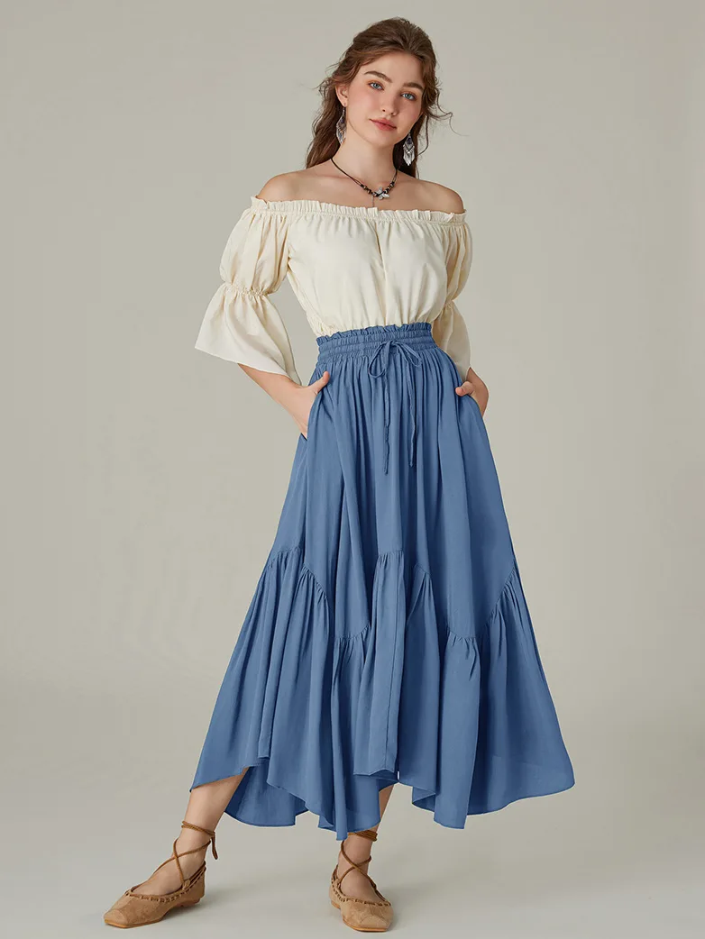 Elastic Waist Flared Renaissance Skirt with Pockets - Image 27