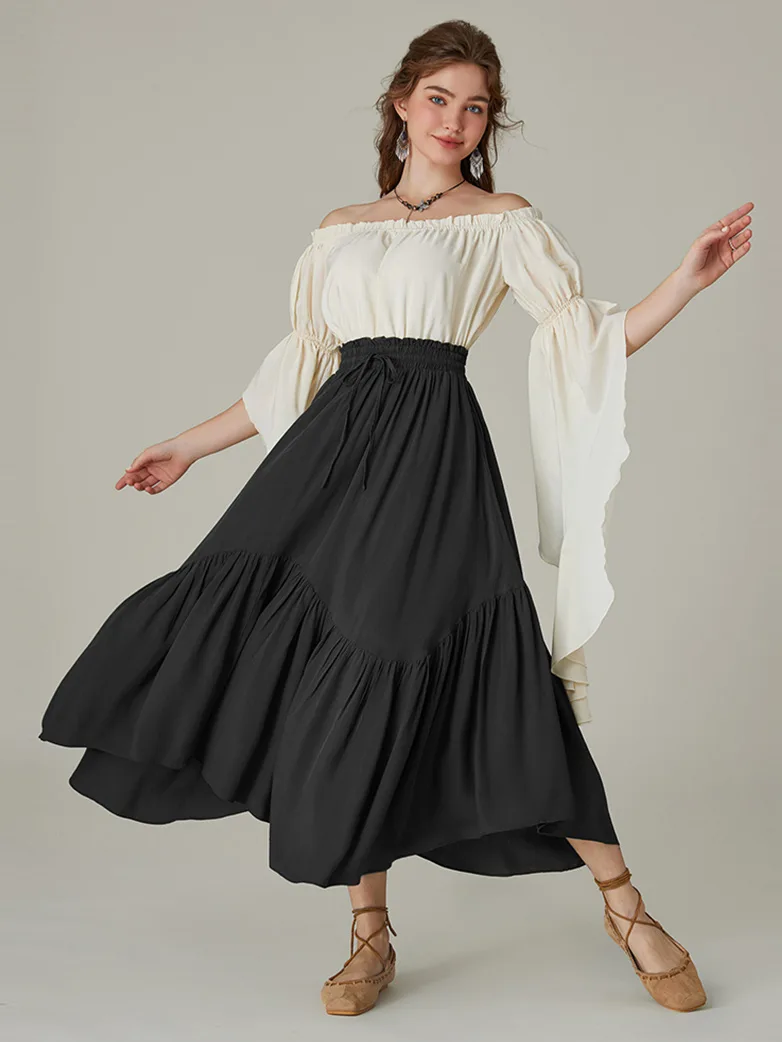 Elastic Waist Flared Renaissance Skirt with Pockets - Image 3
