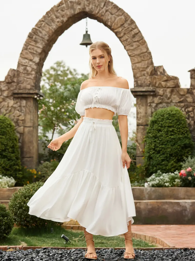 Elastic Waist Flared Renaissance Skirt with Pockets - Image 37