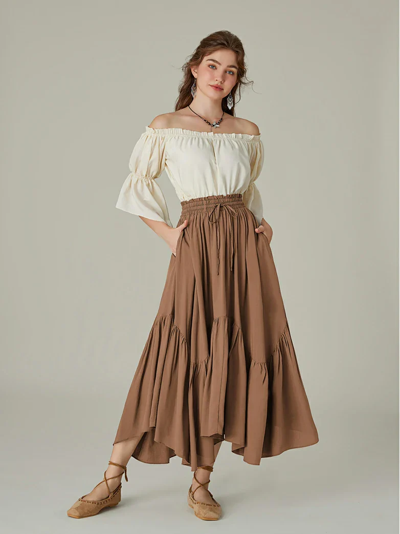 Elastic Waist Flared Renaissance Skirt with Pockets - Image 43