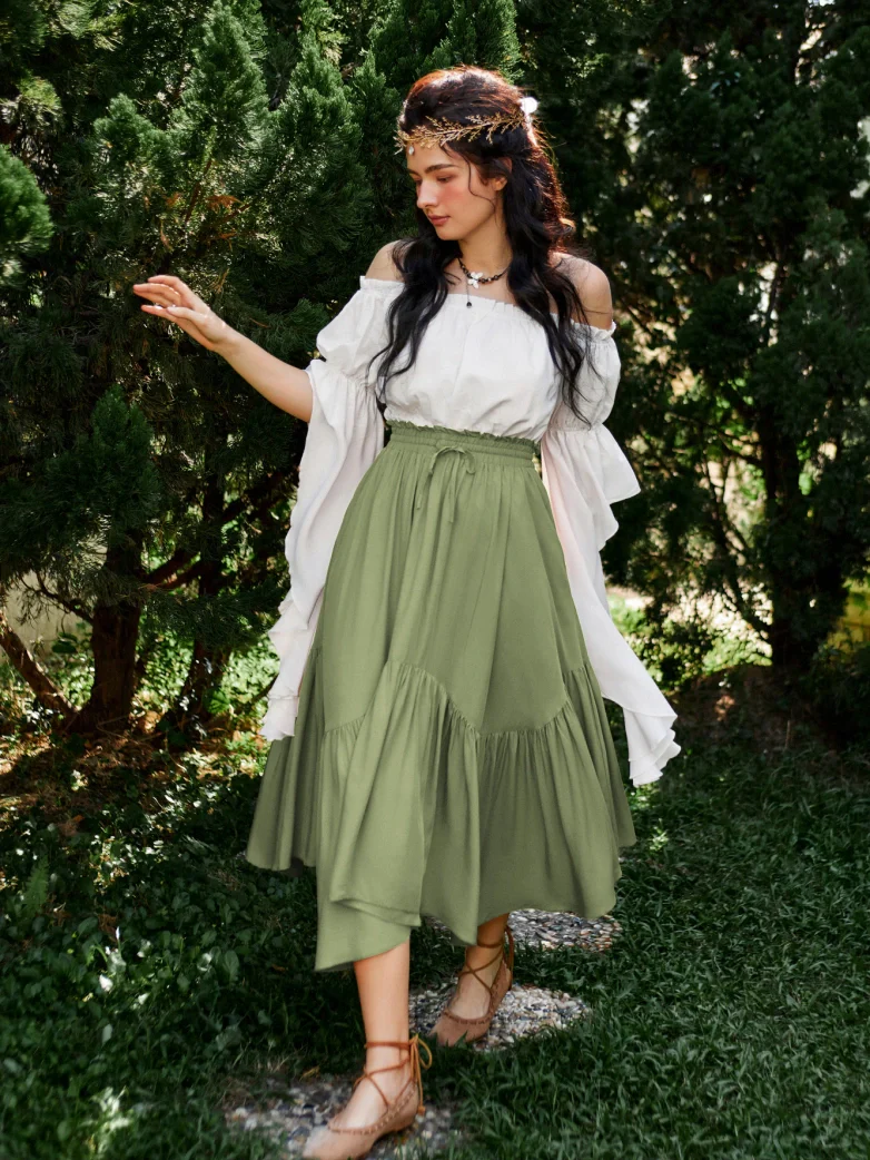 Elastic Waist Flared Renaissance Skirt with Pockets - Image 57