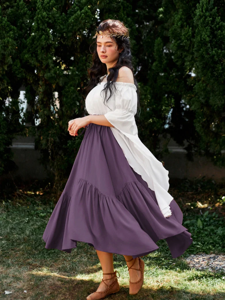 Elastic Waist Flared Renaissance Skirt with Pockets - Image 75