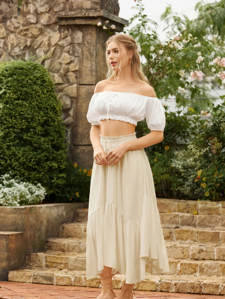 Elastic Waist Flared Renaissance Skirt with Pockets - Image 79
