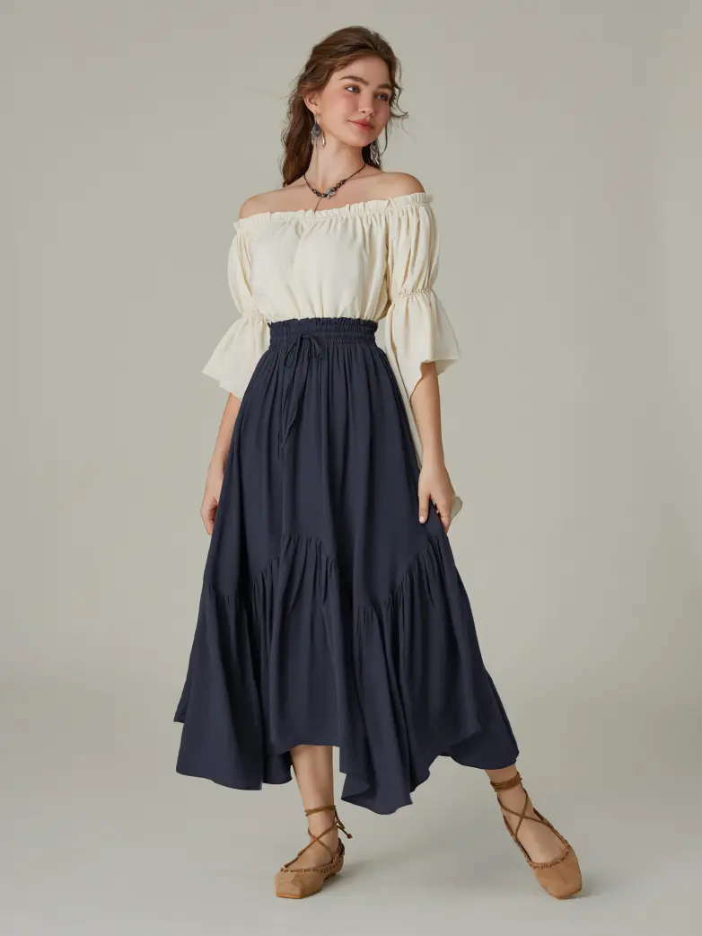 Elastic Waist Flared Renaissance Skirt with Pockets - Image 86