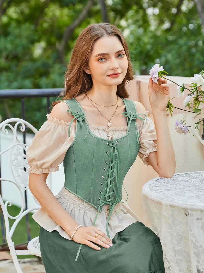 Classic Renaissance Corset with Tie-Shoulder and Bones - Image 36