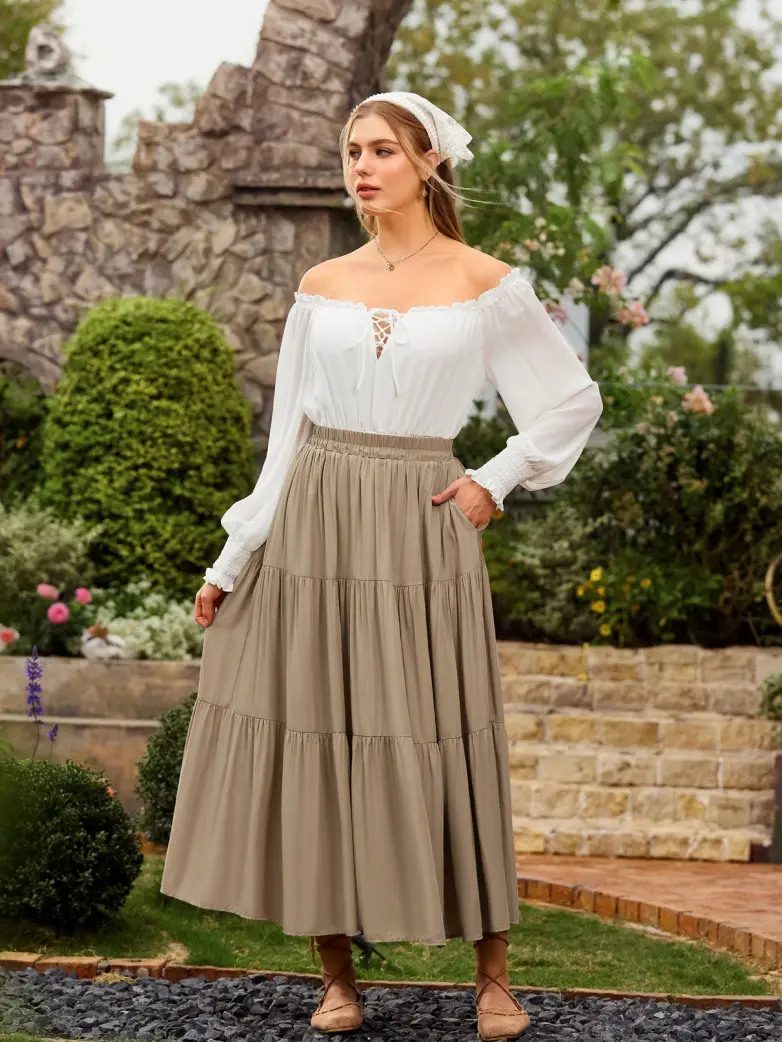 Renaissance Elastic Waist Swing Skirt with Pockets - Image 45